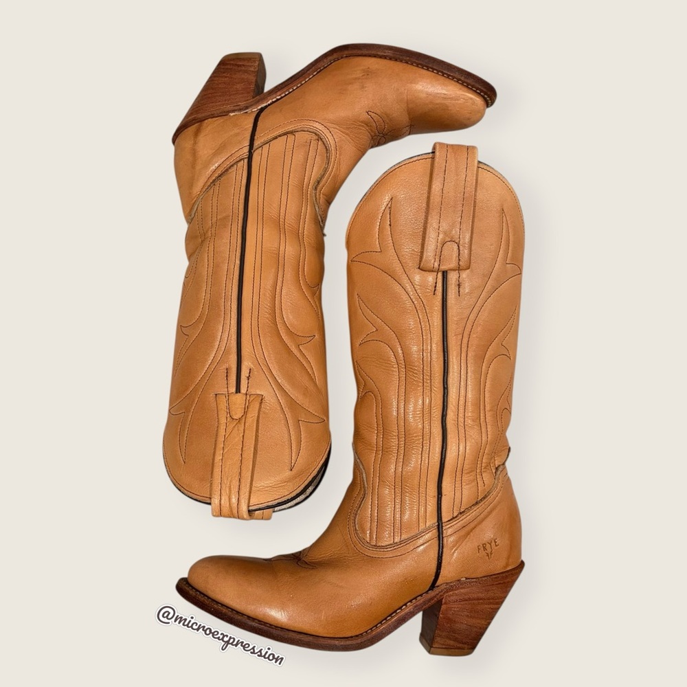 1980 VINTAGE Frye Leather PullOn Tan Cottagecore Embroidered Cowboy Western Boot - Picture 15 of 15